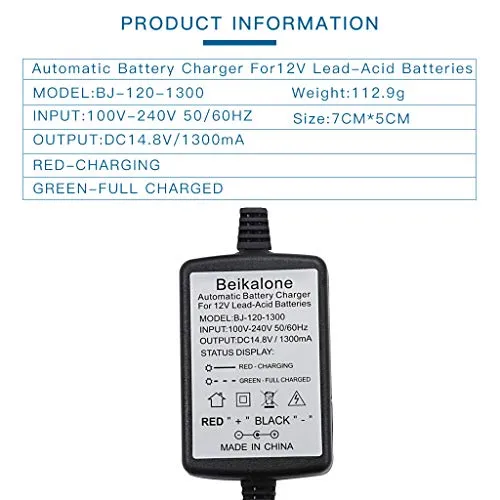 12V Sealed Lead Acid (SLA) Battery Charger 1300mA, with Short Circuit Protection