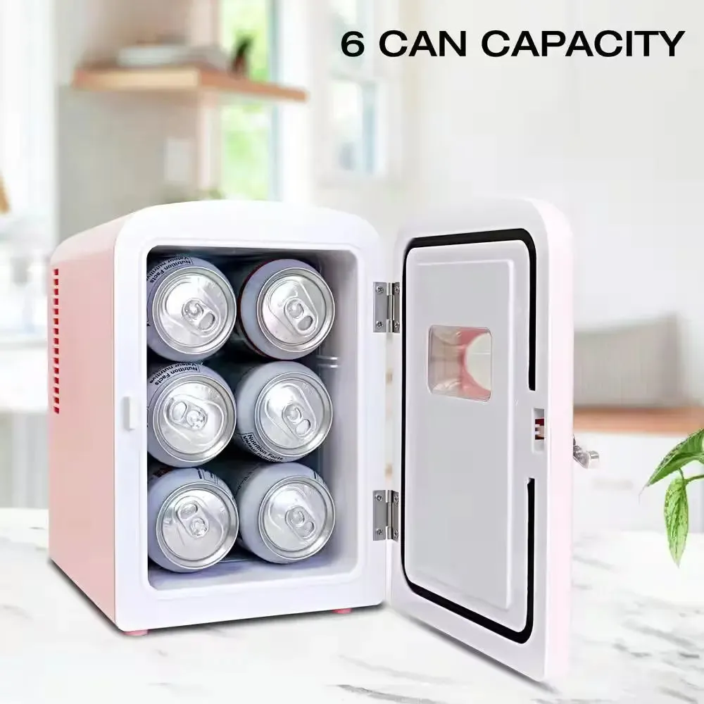 4L Retro Portable Mini Fridge With12V DC and 110V AC Cords, 6 Can Personal Cooler, Pink