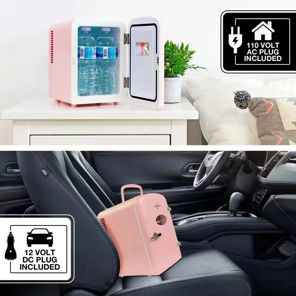 4L Retro Portable Mini Fridge With12V DC and 110V AC Cords, 6 Can Personal Cooler, Pink