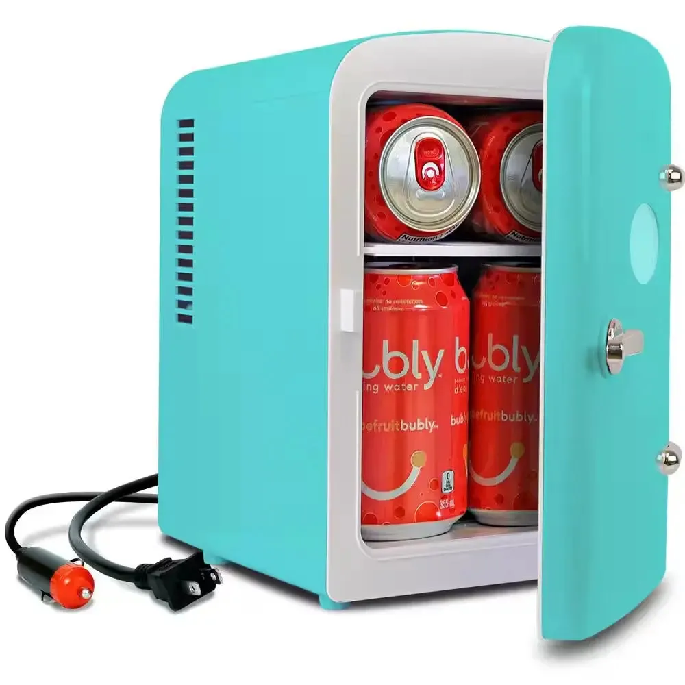 4L Retro Portable Mini Fridge With12V DC and 110V AC Cords, 6 Can Personal Cooler, Pink