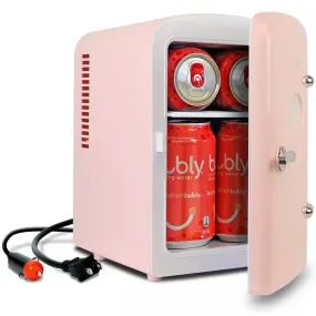4L Retro Portable Mini Fridge With12V DC and 110V AC Cords, 6 Can Personal Cooler, Pink