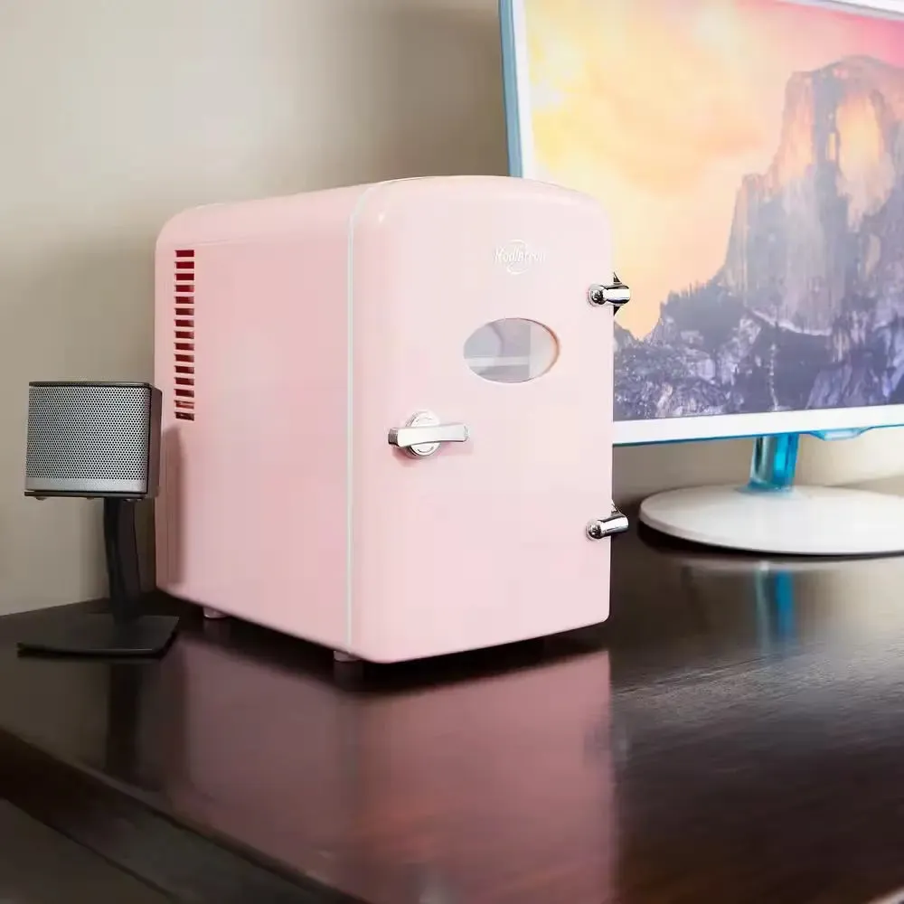 4L Retro Portable Mini Fridge With12V DC and 110V AC Cords, 6 Can Personal Cooler, Pink