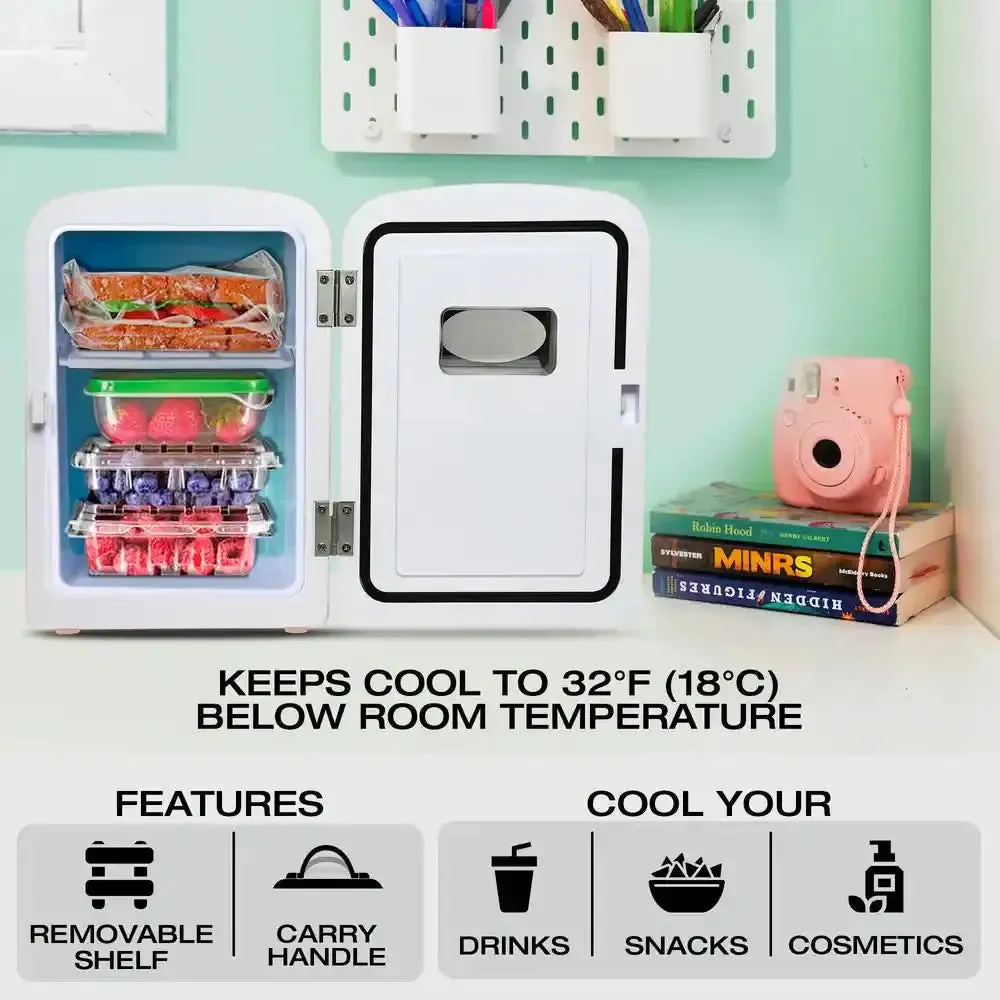 4L Retro Portable Mini Fridge With12V DC and 110V AC Cords, 6 Can Personal Cooler, Pink