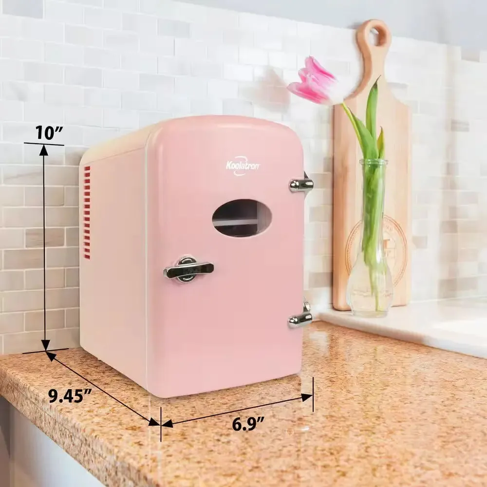 4L Retro Portable Mini Fridge With12V DC and 110V AC Cords, 6 Can Personal Cooler, Pink