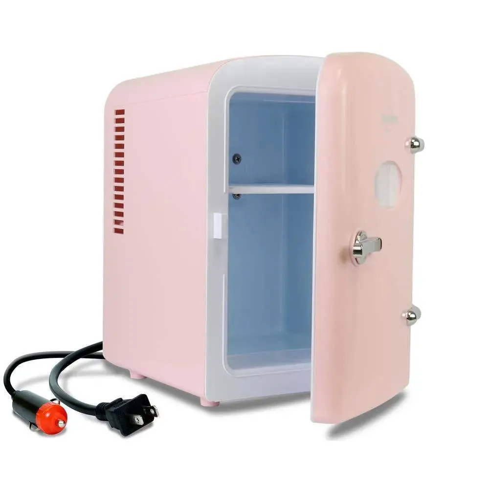 4L Retro Portable Mini Fridge With12V DC and 110V AC Cords, 6 Can Personal Cooler, Pink