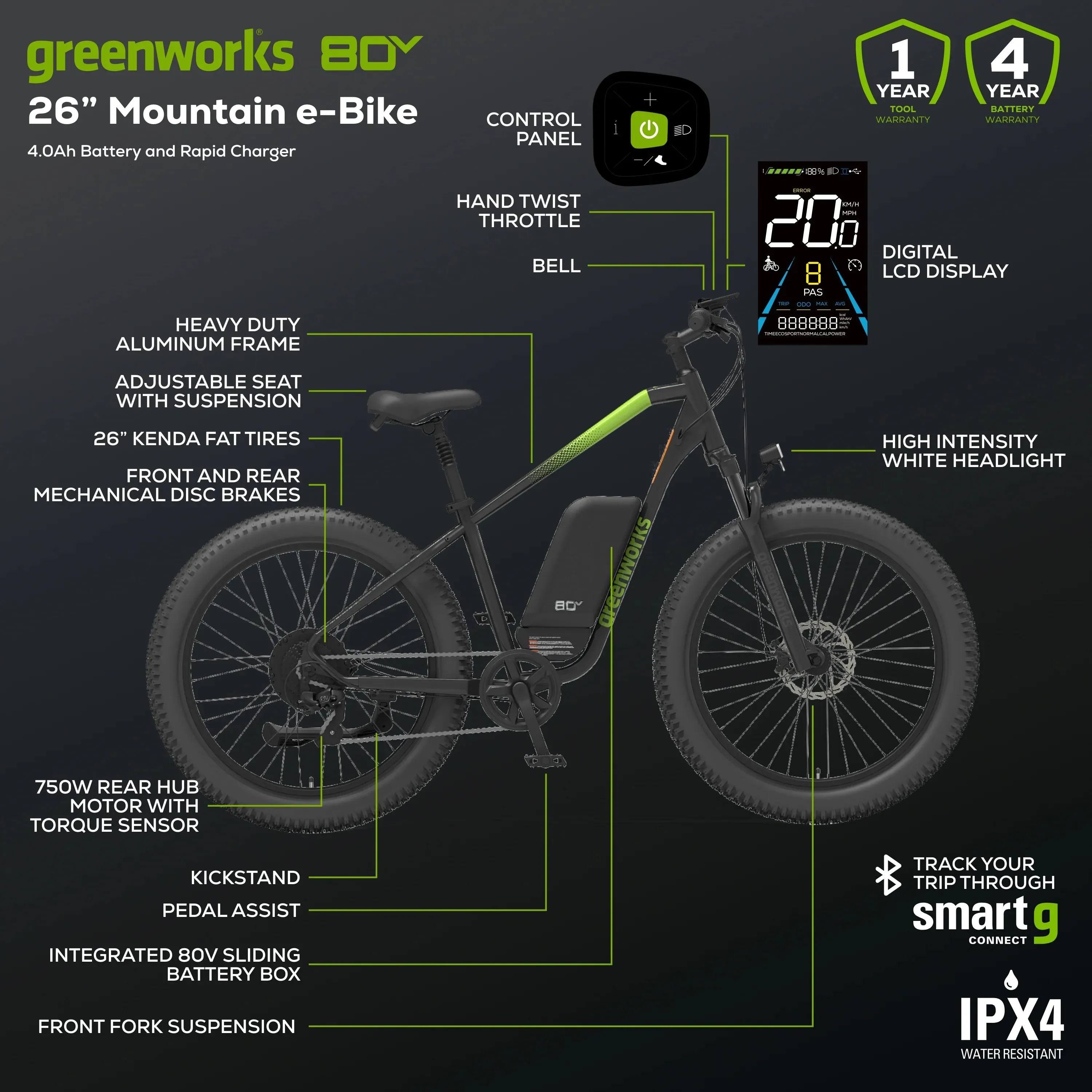 80V VENTURE Series 26-inch Fat Tire Electric Mountain Bike
