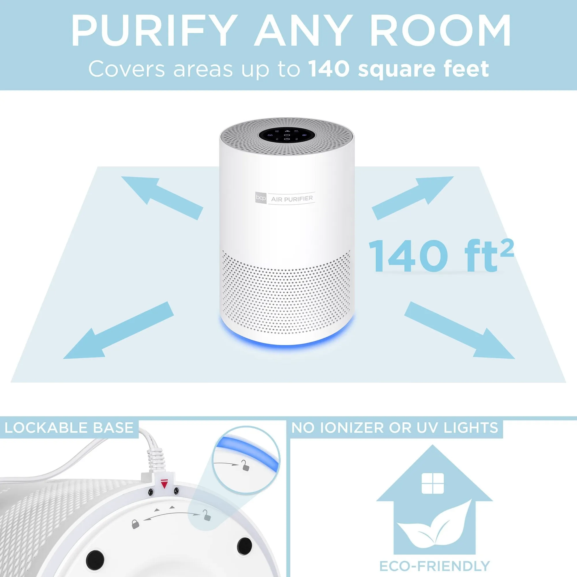 Air Purifier w/ True HEPA Filter, 3-Speed Fan, Timer, Sleep Mode, Child Lock