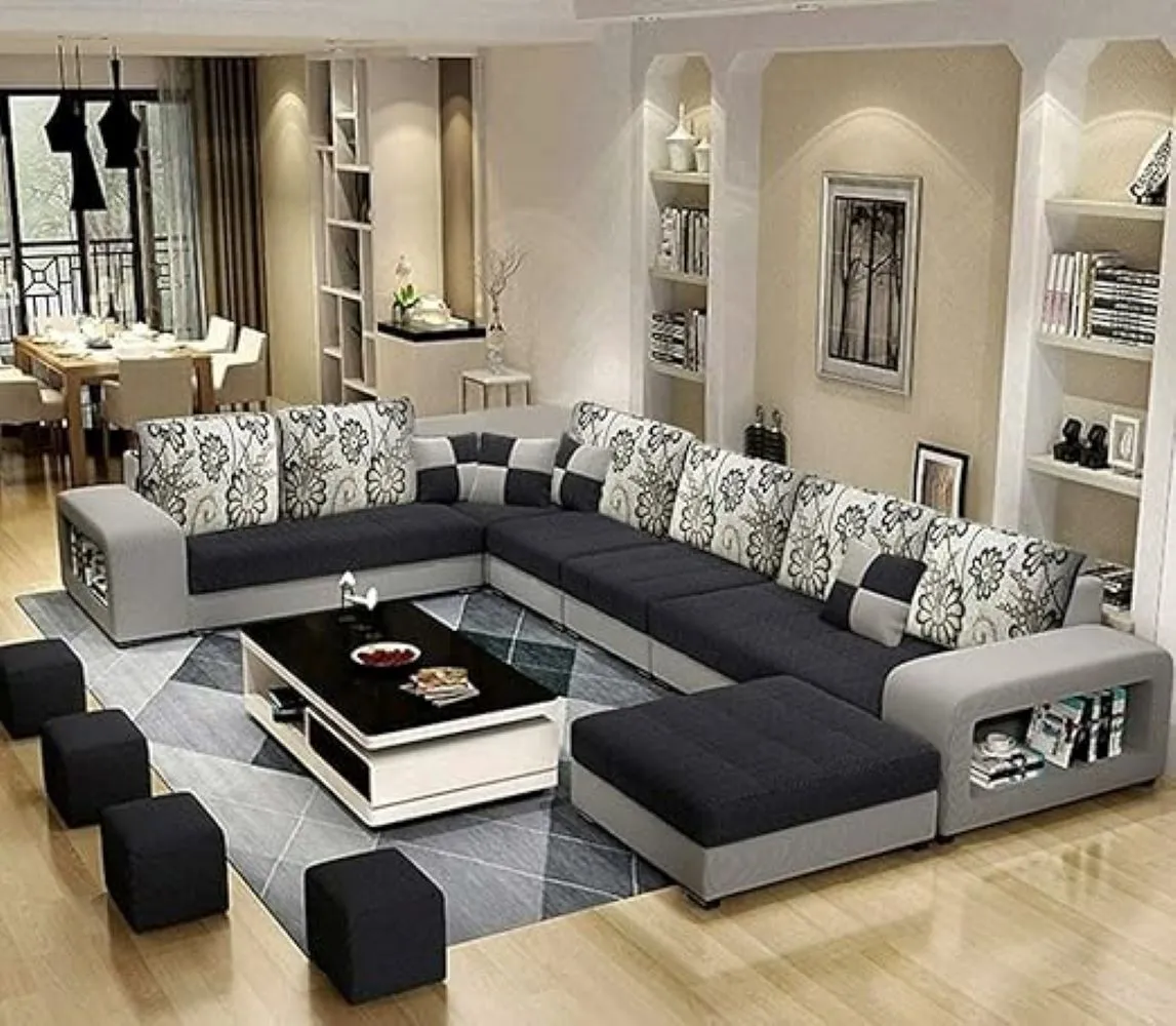 Allister U Shape 12 Seater Fabric Sofa Set With 4 Square Puffy | Premium Quality 12 Seater Sofa