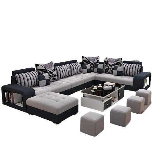 Allister U Shape 12 Seater Fabric Sofa Set With 4 Square Puffy | Premium Quality 12 Seater Sofa