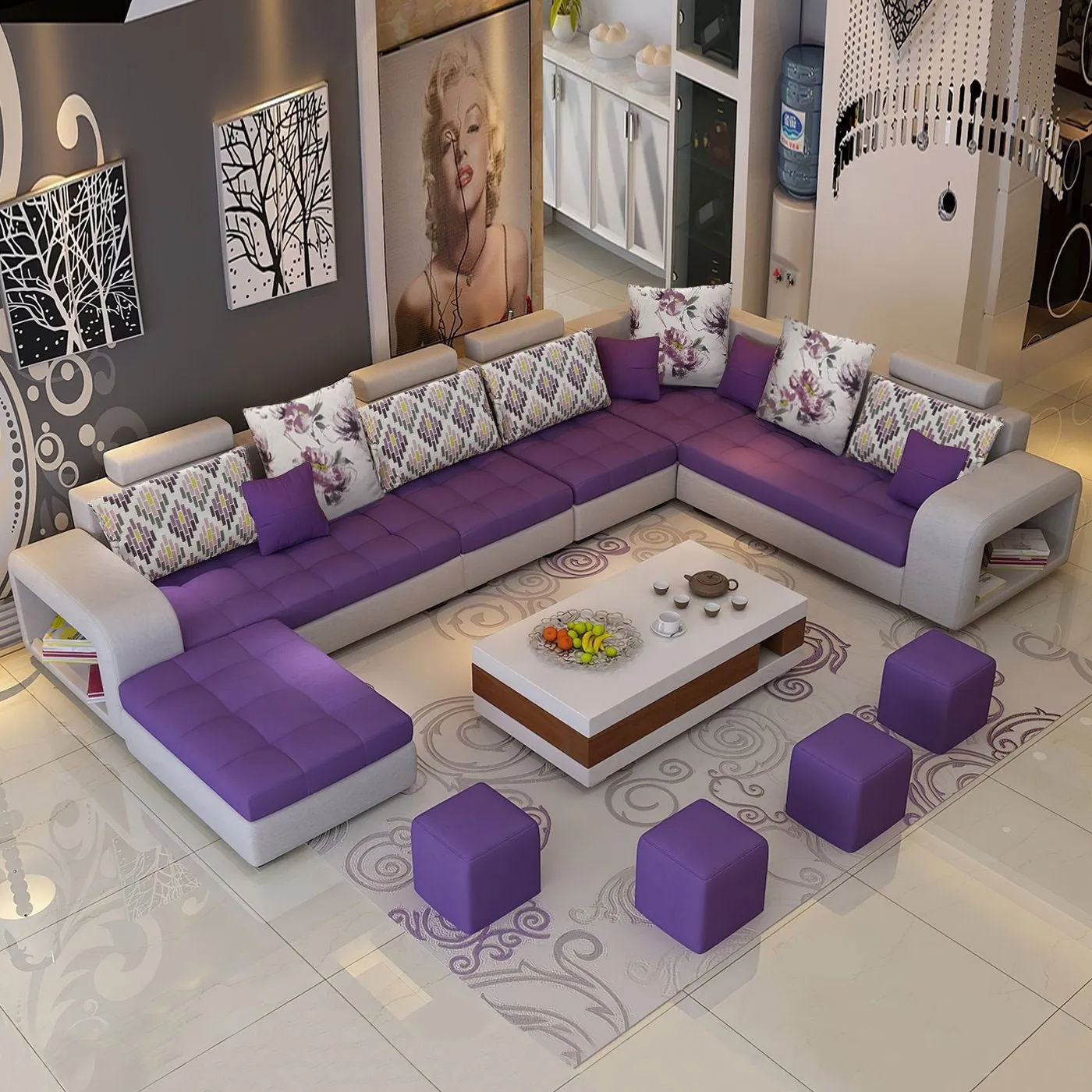 Allister U Shape 12 Seater Fabric Sofa Set With 4 Square Puffy | Premium Quality 12 Seater Sofa