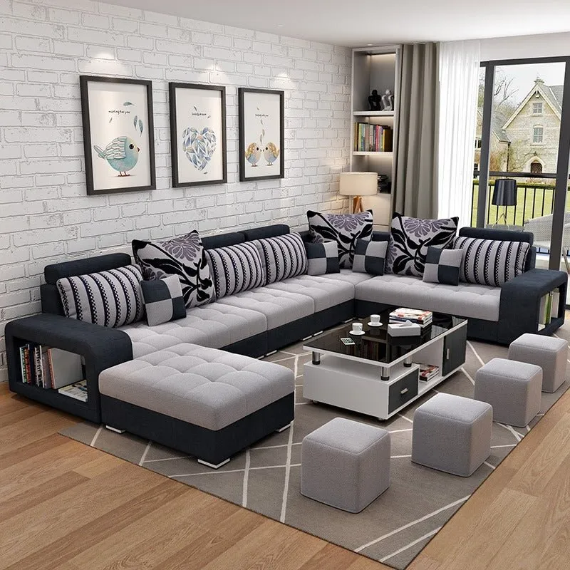 Allister U Shape 12 Seater Fabric Sofa Set With 4 Square Puffy | Premium Quality 12 Seater Sofa