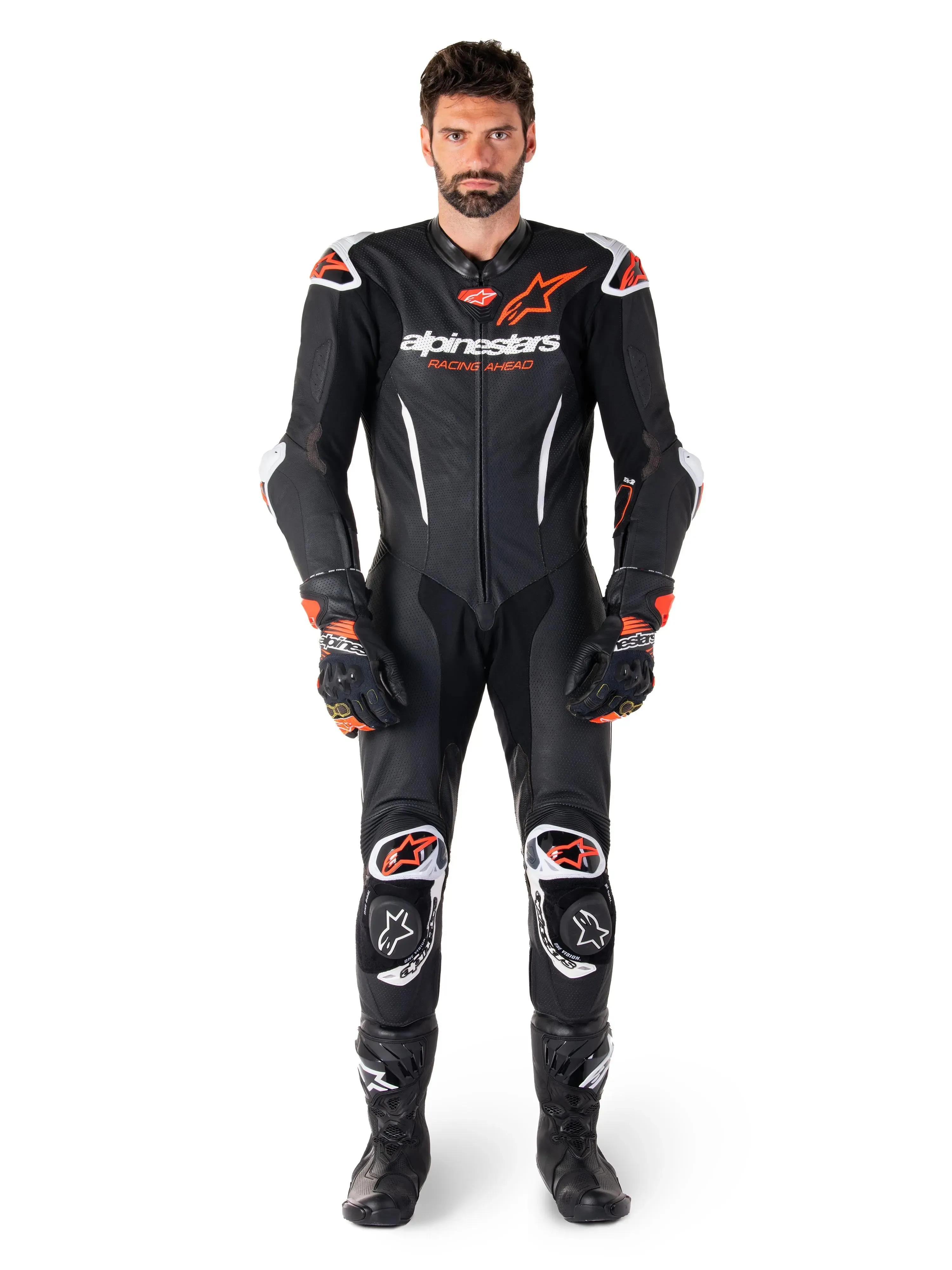 Alpinestars GP-R7 One Piece Leather Suit Black / White / Fluo Red