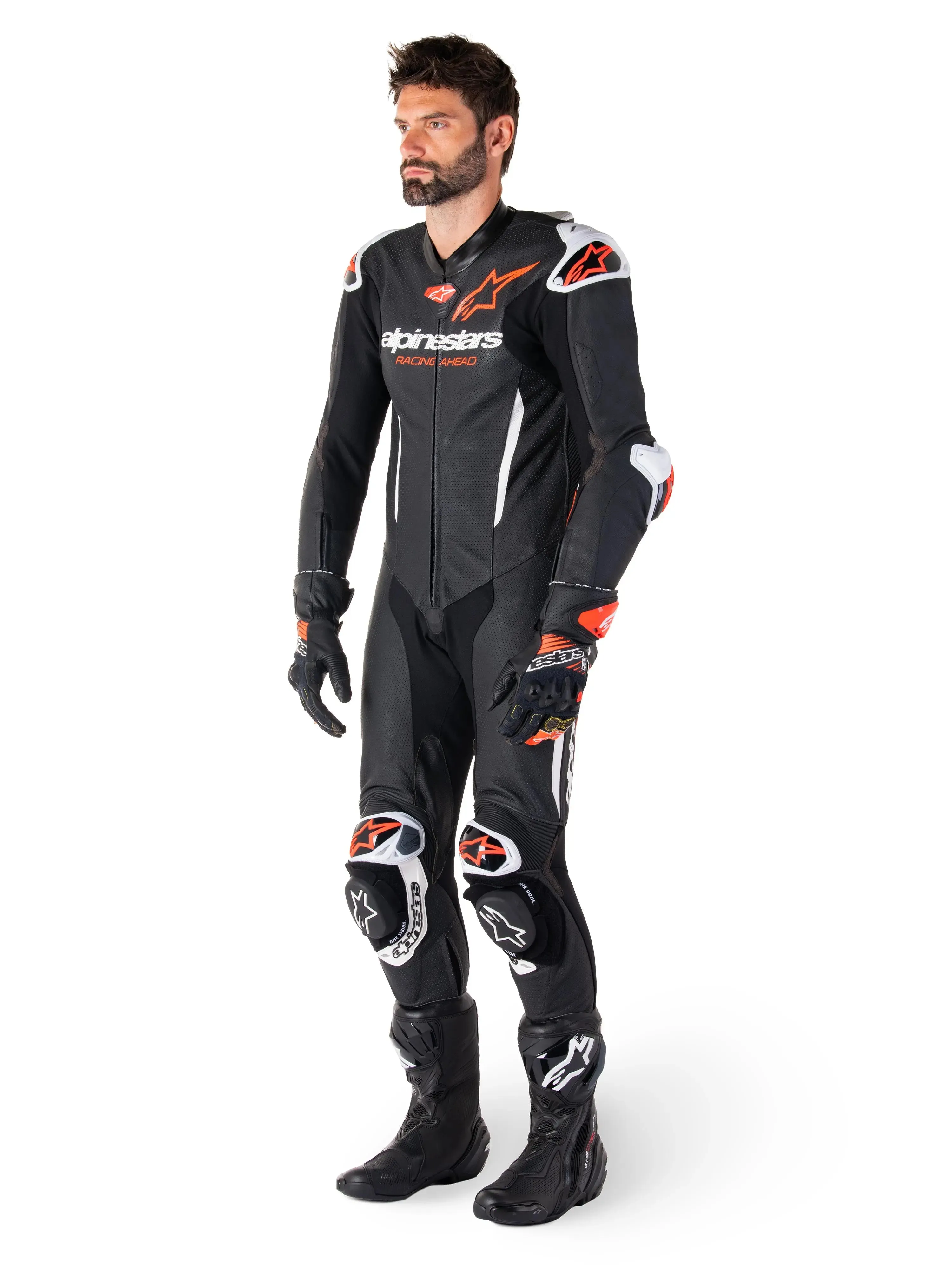 Alpinestars GP-R7 One Piece Leather Suit Black / White / Fluo Red