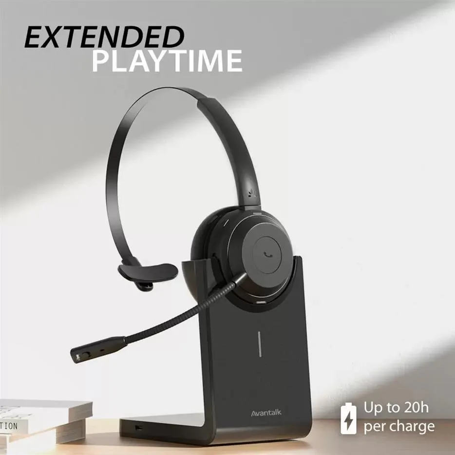Avantalk Alto Solo Bluetooth 5.1 Wireless Headset with Noise-Canceling Microphone for PC, Computer, Laptop, Charging Dock, and Wired Headphones Mode