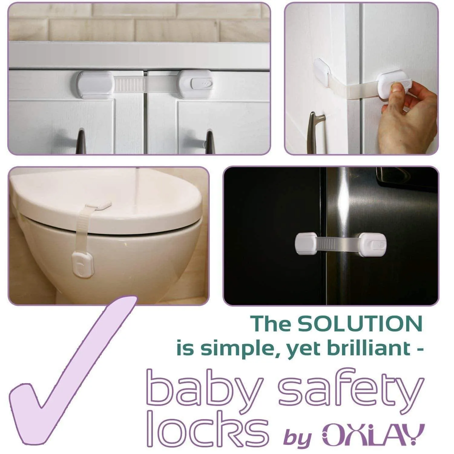 Baby Proofing Safety Cabinet Locks - Child Proof Latches for Drawer Cupboard Dresser Doors Closet Oven Refrigerator - Adjustable Childproof Straps by Oxlay - White - 6 Pack
