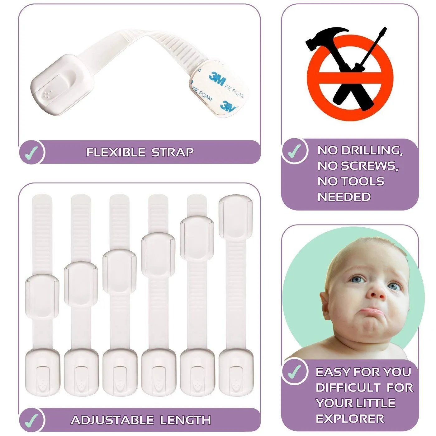 Baby Proofing Safety Cabinet Locks - Child Proof Latches for Drawer Cupboard Dresser Doors Closet Oven Refrigerator - Adjustable Childproof Straps by Oxlay - White - 6 Pack