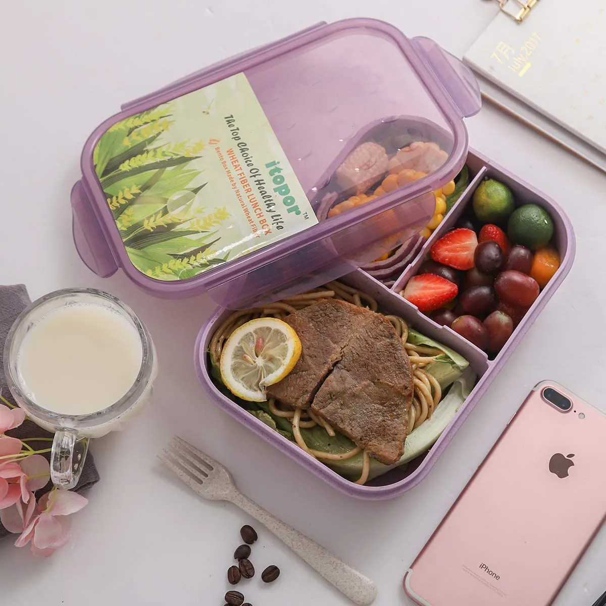 Bento Box,Bento Lunch Box for Kids and Adults, Leakproof Lunch Containers with 3 Compartments, Lunch box Made by Wheat Fiber Material(White) By Itopor