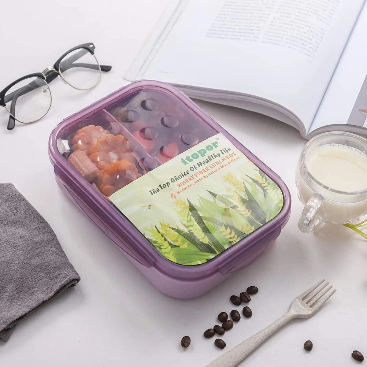 Bento Box,Bento Lunch Box for Kids and Adults, Leakproof Lunch Containers with 3 Compartments, Lunch box Made by Wheat Fiber Material(White) By Itopor