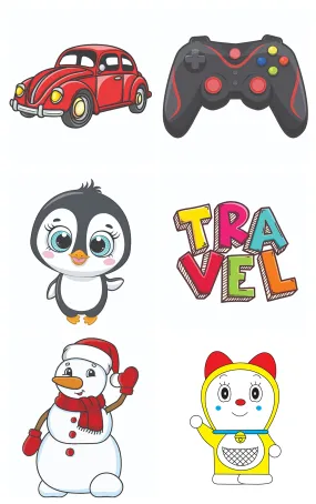 Bhai Please Vintage Car, Gaming Console, Penguin, Travel, Snowman and Dorami Wooden Fridge Magnet (Pack of 6 pcs, one pc Each Design)
