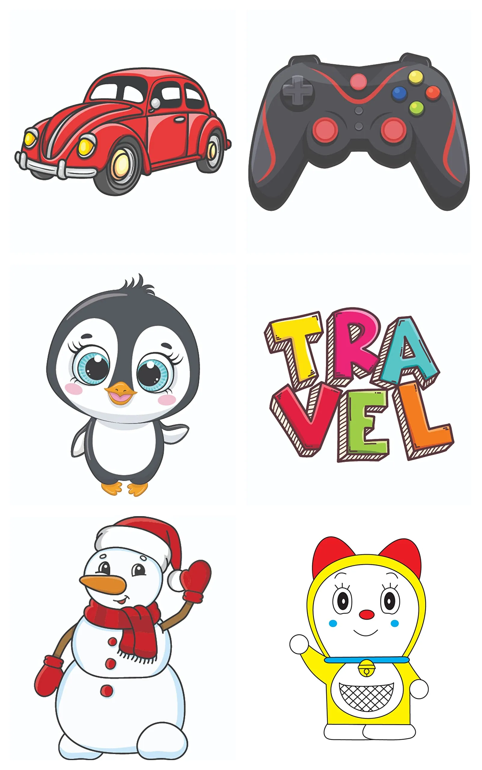Bhai Please Vintage Car, Gaming Console, Penguin, Travel, Snowman and Dorami Wooden Fridge Magnet (Pack of 6 pcs, one pc Each Design)