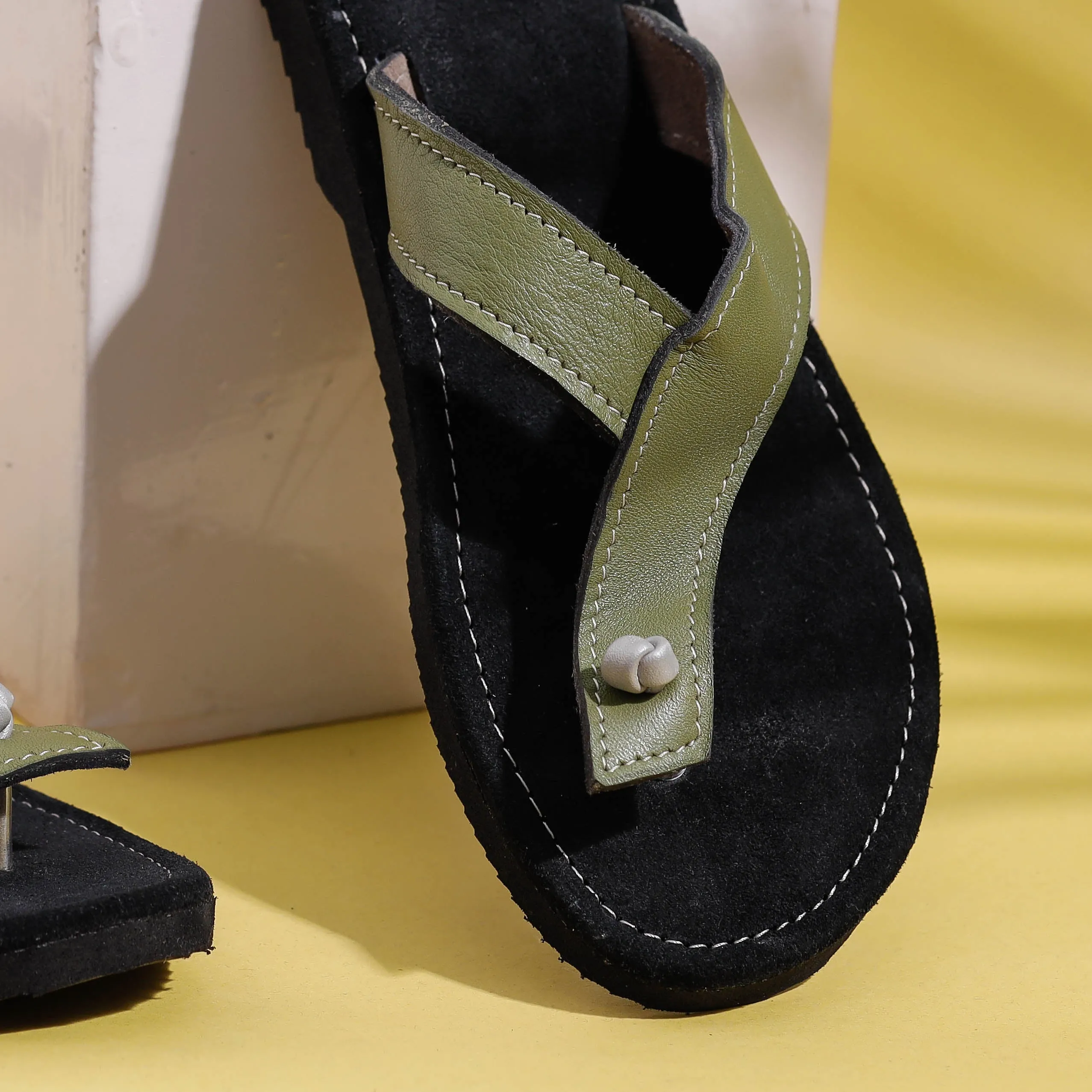 Black & Green Handcrafted Women's Leather Slippers with Suede