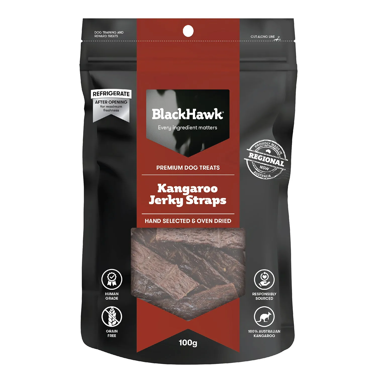 Black Hawk Kangaroo Jerky Straps Dog Treat 100g