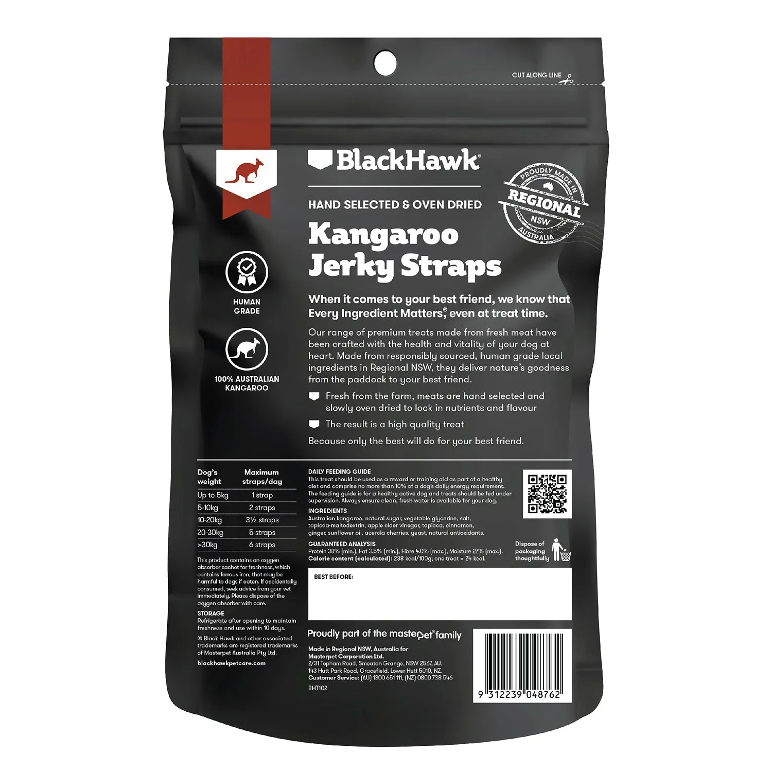 Black Hawk Kangaroo Jerky Straps Dog Treat 100g
