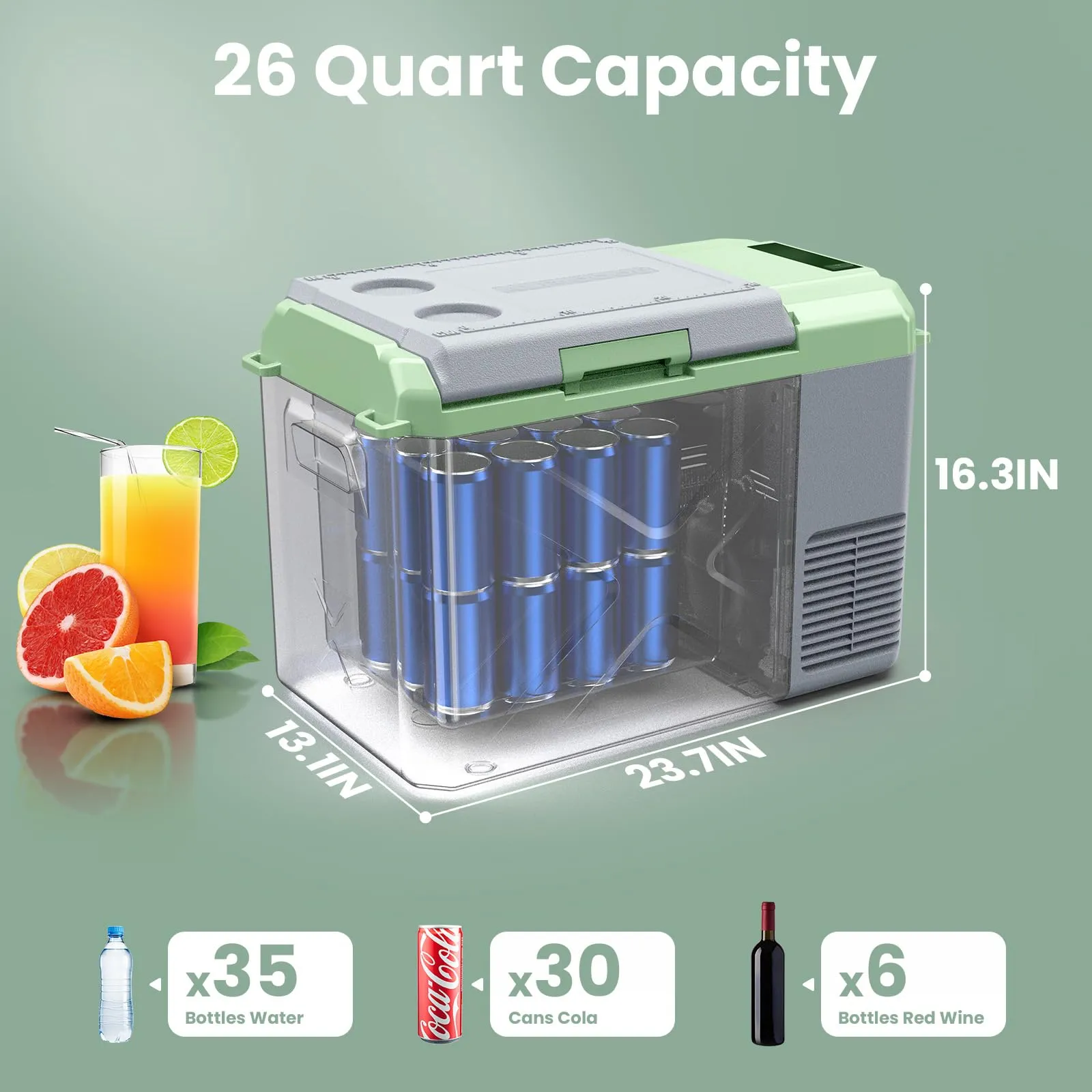 BODEGACOOLER 12 Volt Car Refrigerator, 26 Quart Car Fridge, -4℉-68℉ Portable Freezer, Electric Compressor Cooler 12/24V DC100-240 Volt AC for Outdoor RV Camping Travel Vehicles Home Use