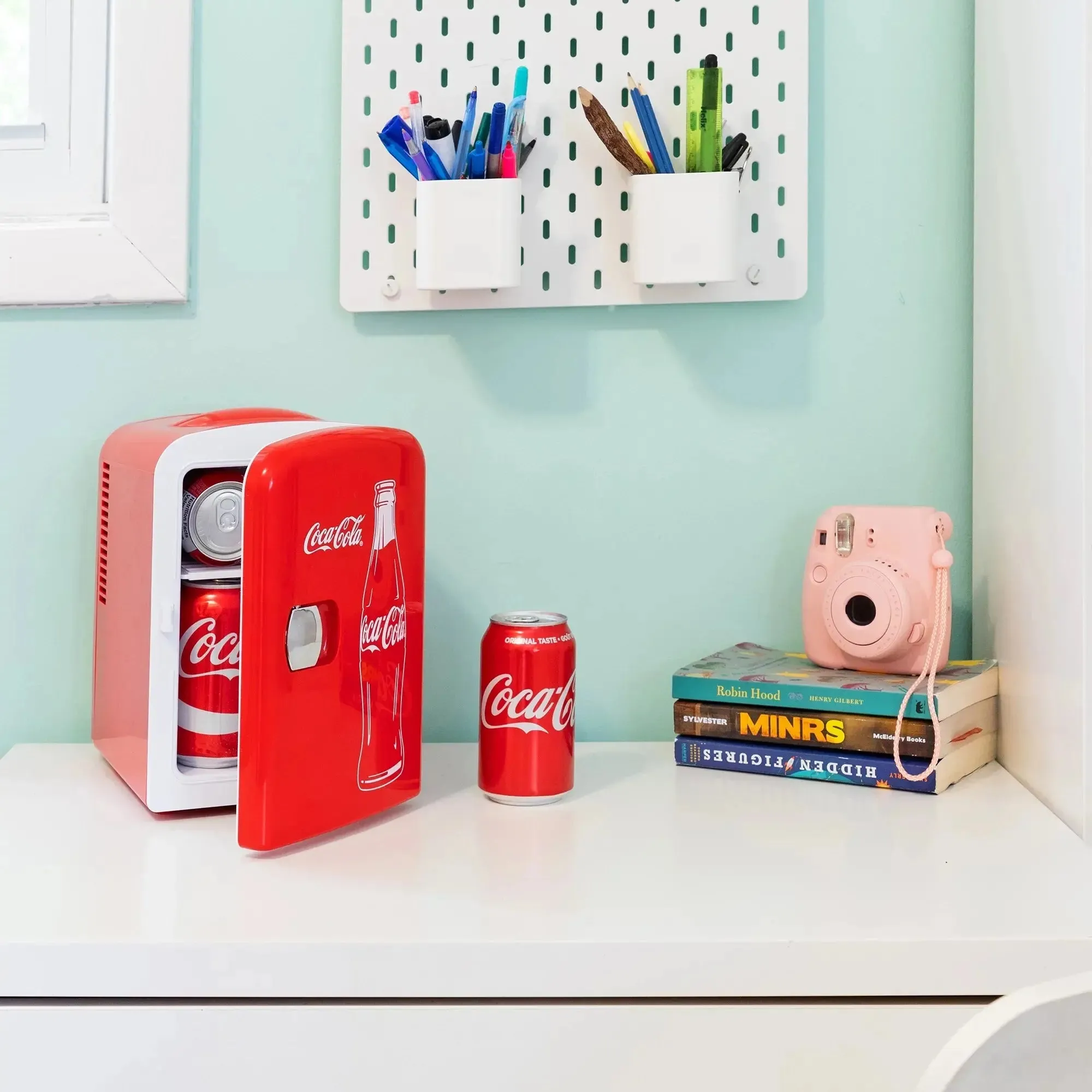 Coca-Cola Classic 4L Mini Fridge W/ 12V DC and 110V AC Cords, 6 Can Portable Cooler, Personal Travel Refrigerator for Snacks Lunch Drinks Cosmetics, Desk Home Office Dorm, Red