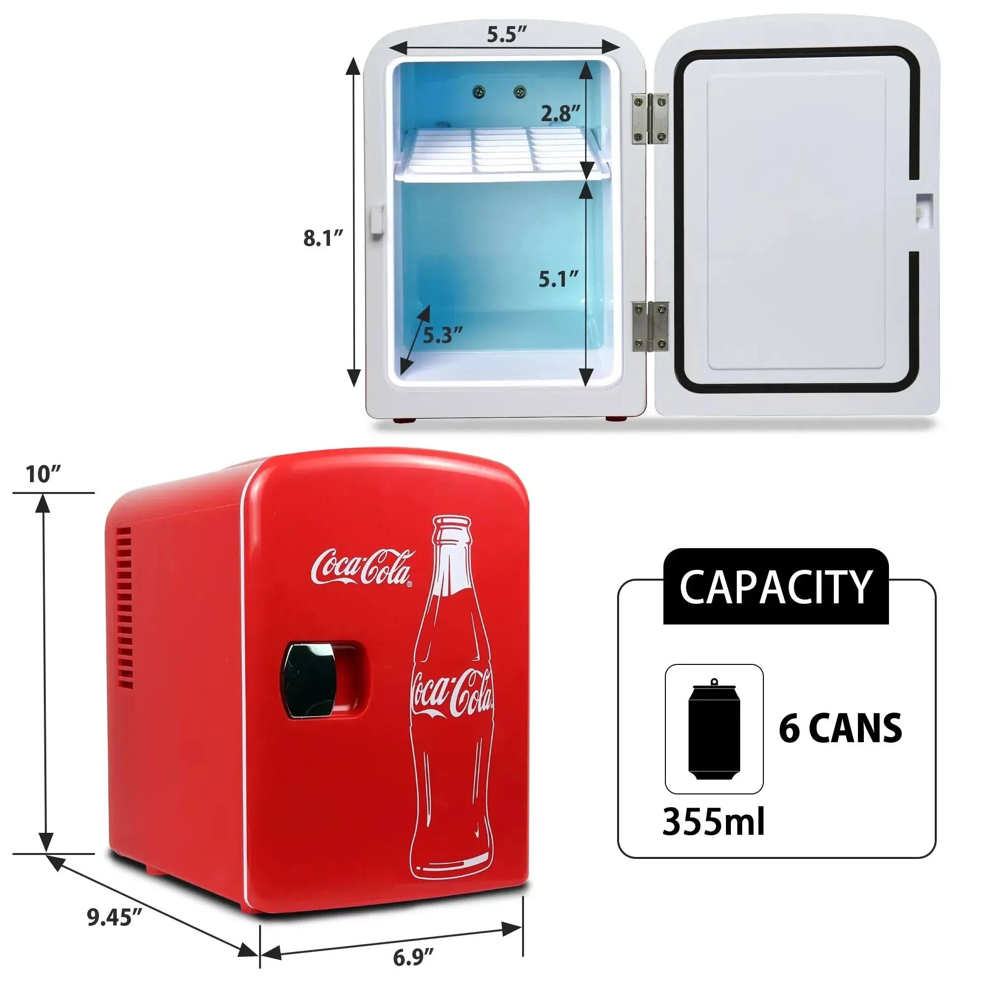 Coca-Cola Classic 4L Mini Fridge W/ 12V DC and 110V AC Cords, 6 Can Portable Cooler, Personal Travel Refrigerator for Snacks Lunch Drinks Cosmetics, Desk Home Office Dorm, Red