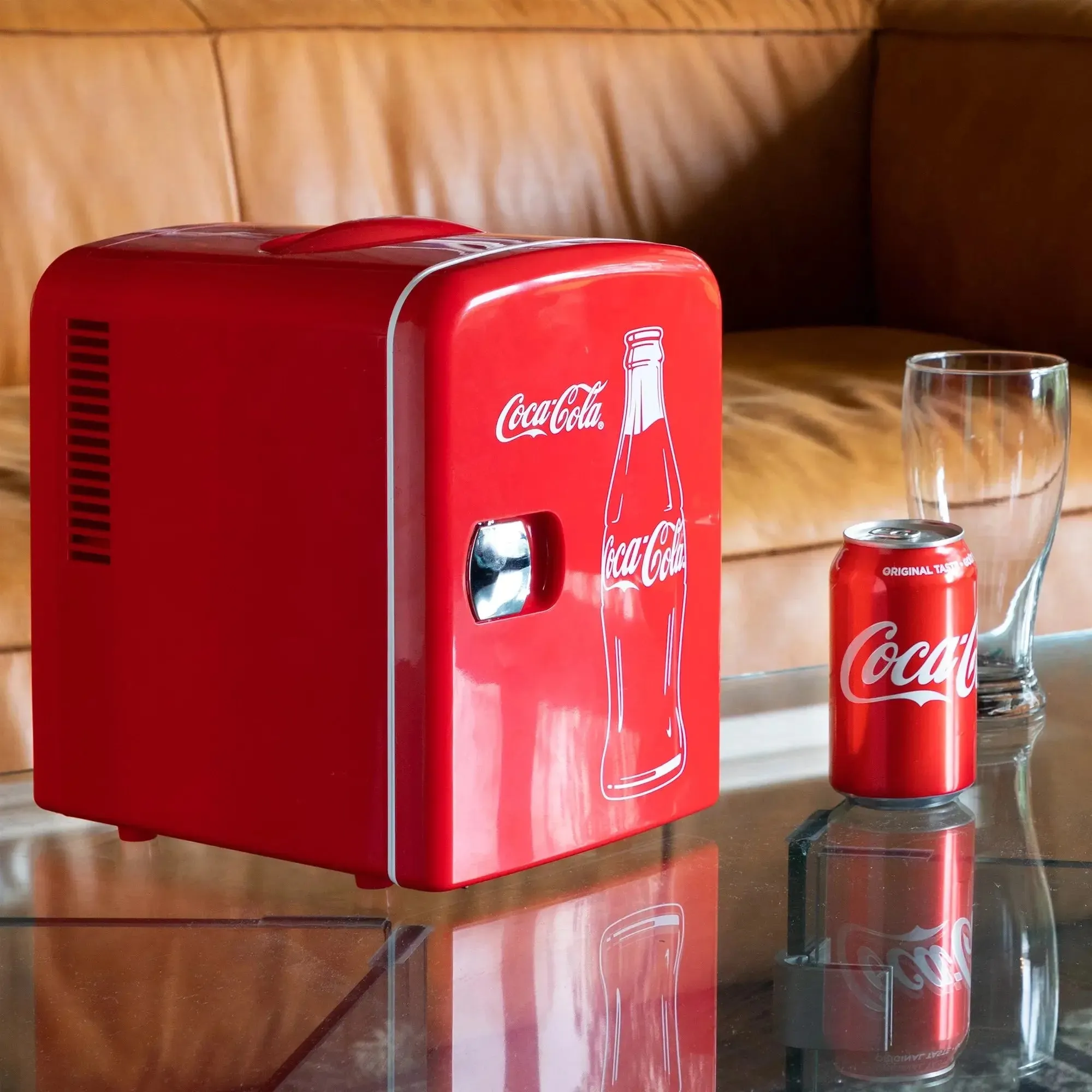Coca-Cola Classic 4L Mini Fridge W/ 12V DC and 110V AC Cords, 6 Can Portable Cooler, Personal Travel Refrigerator for Snacks Lunch Drinks Cosmetics, Desk Home Office Dorm, Red