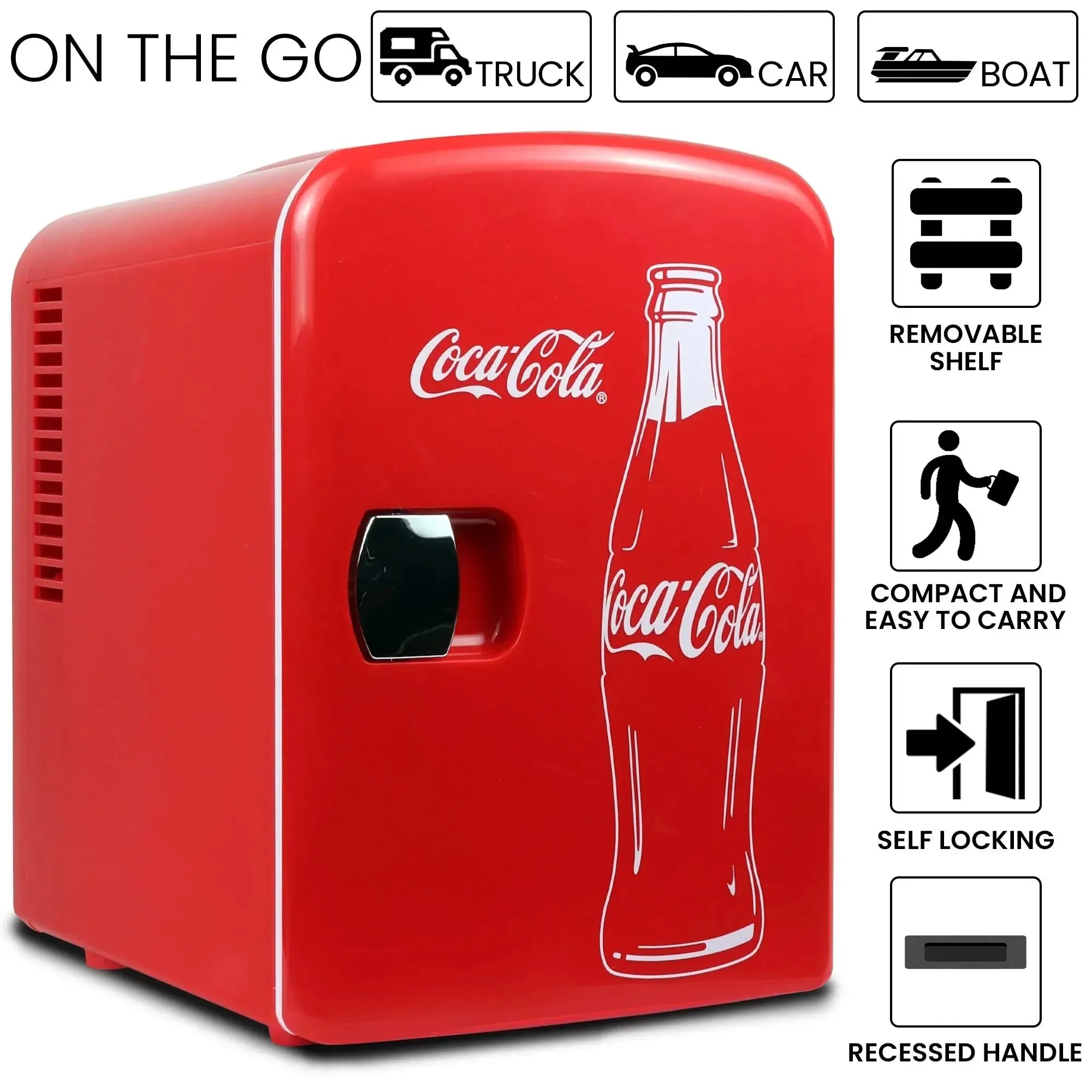 Coca-Cola Classic 4L Mini Fridge W/ 12V DC and 110V AC Cords, 6 Can Portable Cooler, Personal Travel Refrigerator for Snacks Lunch Drinks Cosmetics, Desk Home Office Dorm, Red