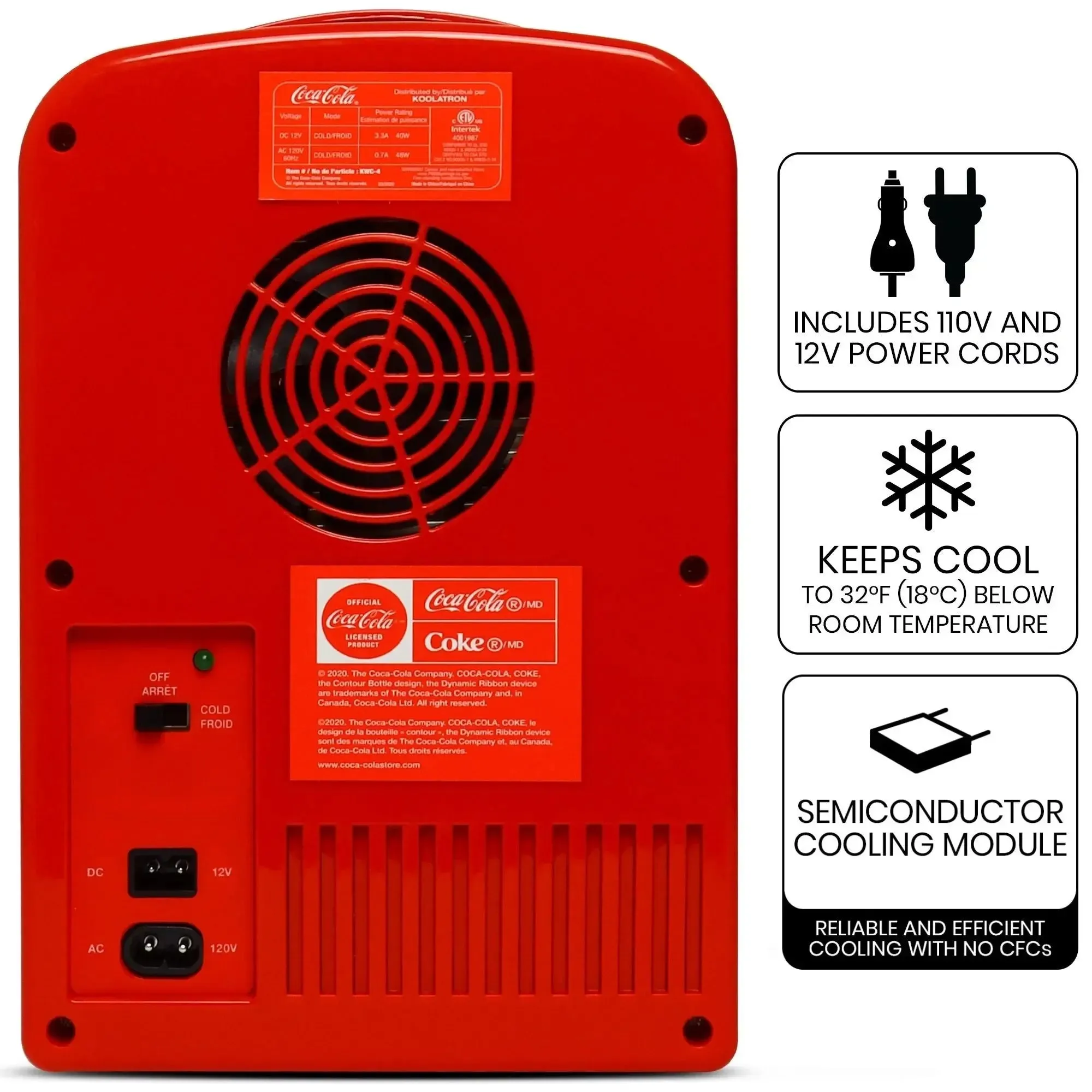 Coca-Cola Classic 4L Mini Fridge W/ 12V DC and 110V AC Cords, 6 Can Portable Cooler, Personal Travel Refrigerator for Snacks Lunch Drinks Cosmetics, Desk Home Office Dorm, Red