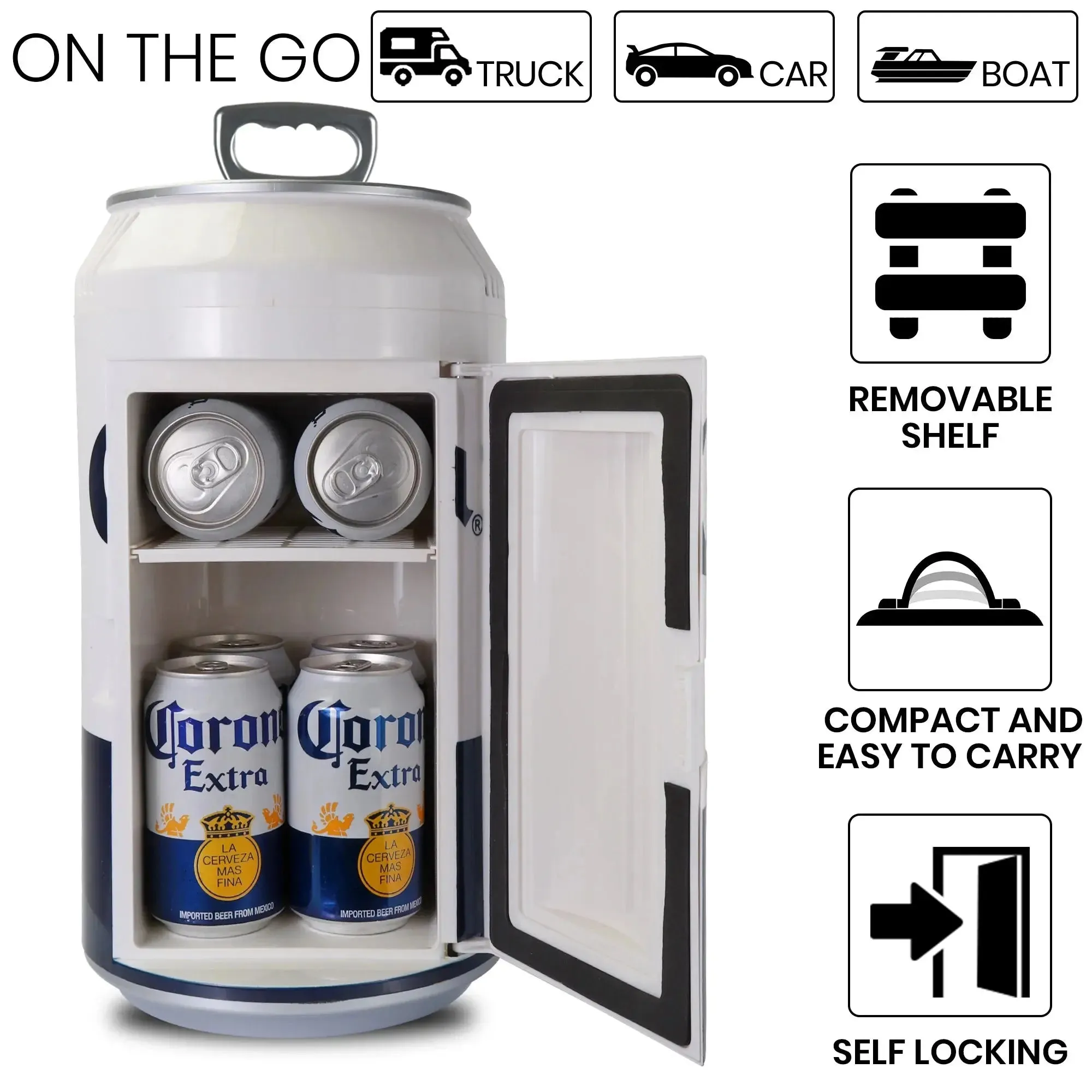 Corona 8 Can Portable Mini Fridge Beer Can Shaped Personal Cooler Travel Fridge White