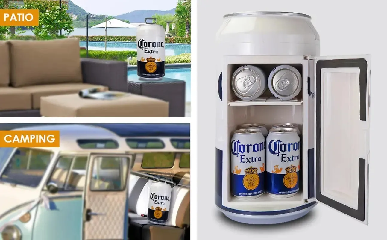 Corona 8 Can Portable Mini Fridge Beer Can Shaped Personal Cooler Travel Fridge White