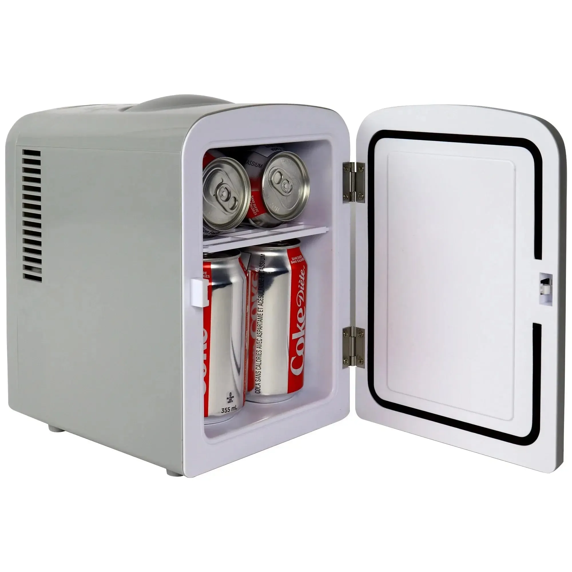 Diet Coke 4L Mini Fridge W/ 12V DC and 110V AC Cords, 6 Can Portable Cooler, Personal Travel Refrigerator, Gray