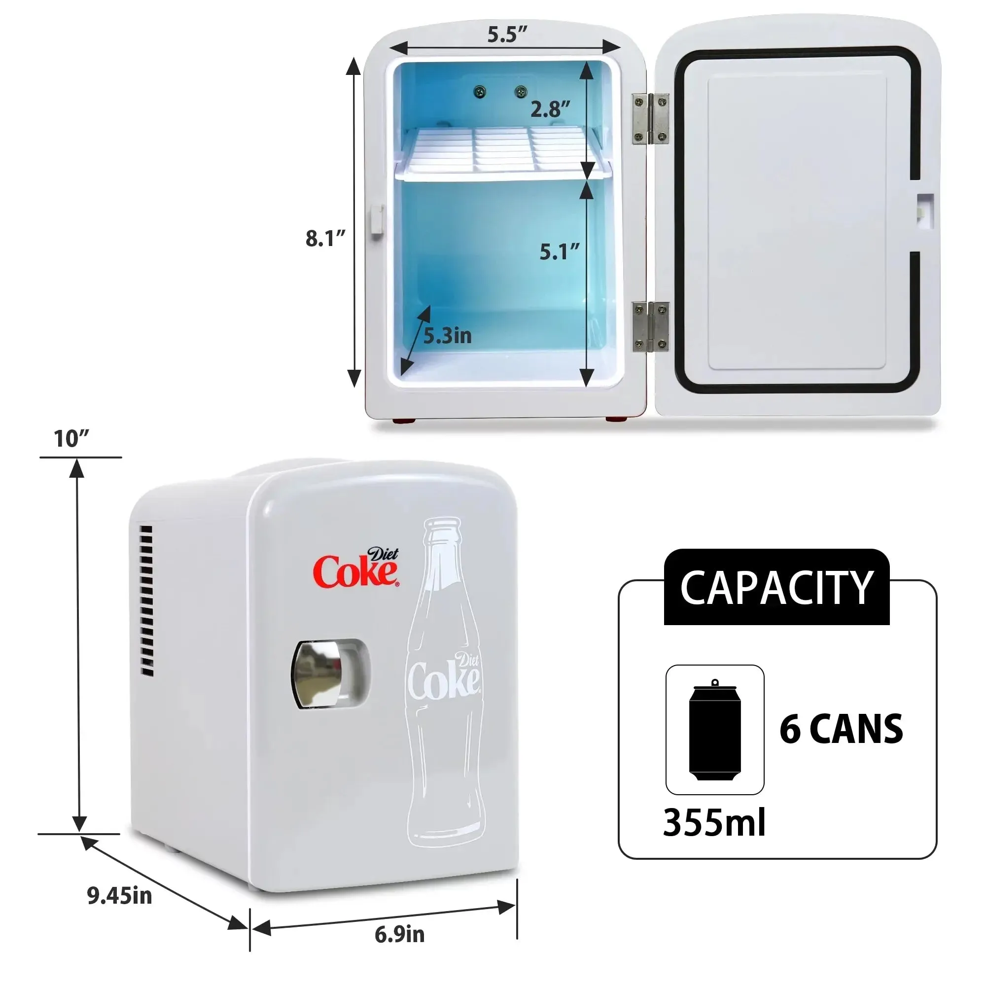 Diet Coke 4L Mini Fridge W/ 12V DC and 110V AC Cords, 6 Can Portable Cooler, Personal Travel Refrigerator, Gray