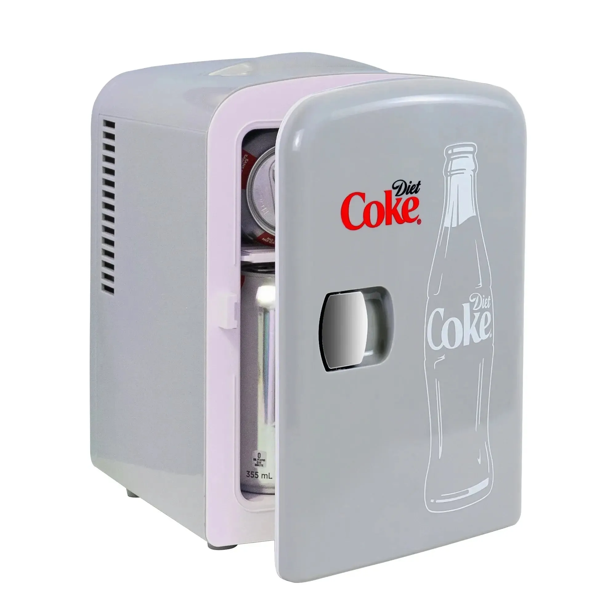 Diet Coke 4L Mini Fridge W/ 12V DC and 110V AC Cords, 6 Can Portable Cooler, Personal Travel Refrigerator, Gray