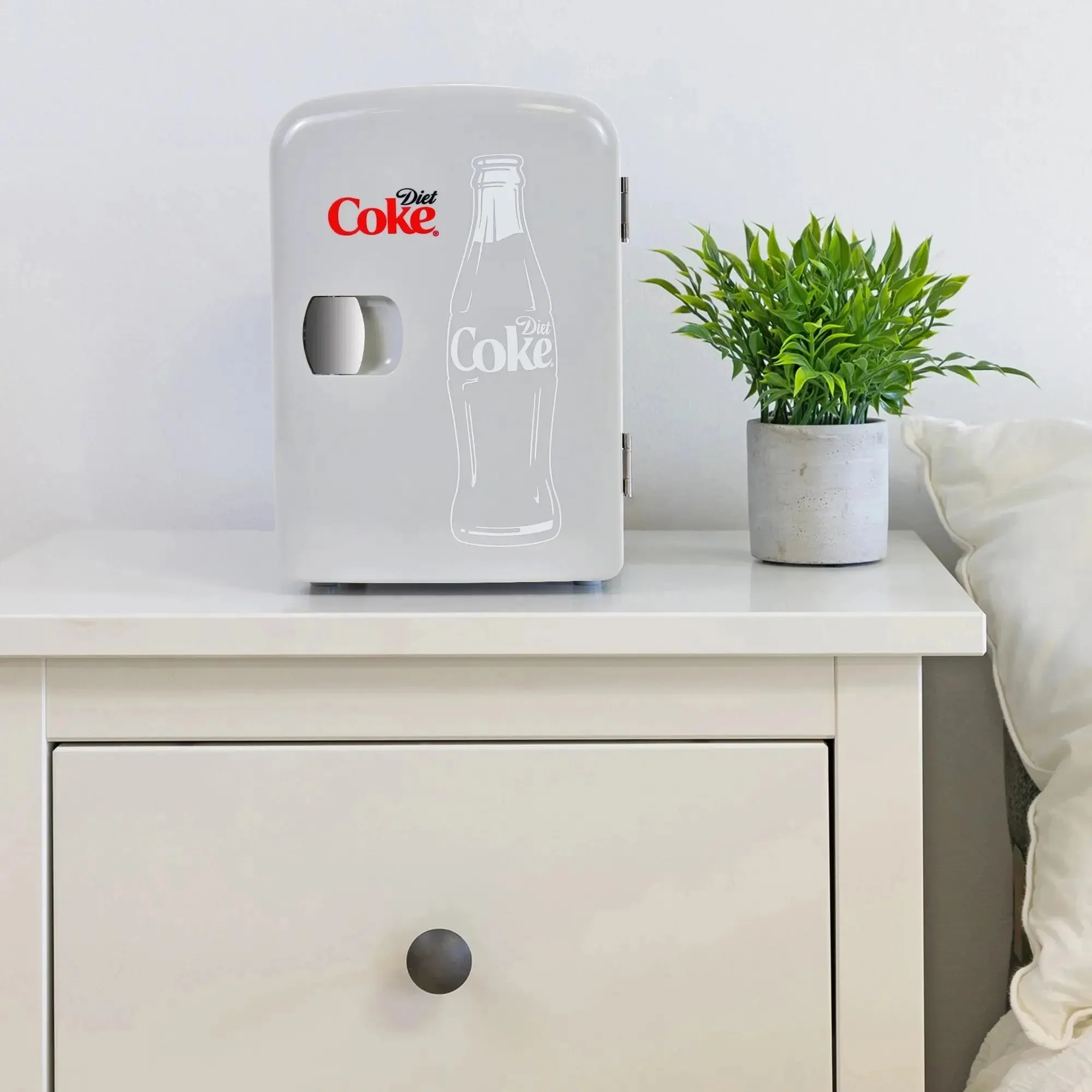 Diet Coke 4L Mini Fridge W/ 12V DC and 110V AC Cords, 6 Can Portable Cooler, Personal Travel Refrigerator, Gray