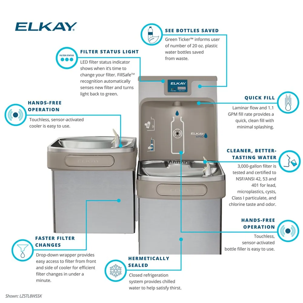 Elkay LZSTL8WSSK | Wall-mount Bi-level Bottle Filling Station | Filtered, Refrigerated, EZ-style fountain, Stainless Steel