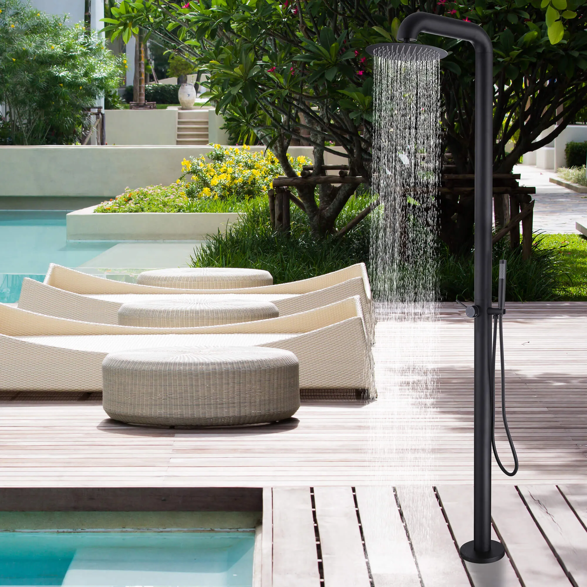 Freestanding Stainless Steel Outdoor Shower with Hand Shower and Detachable Shower Head