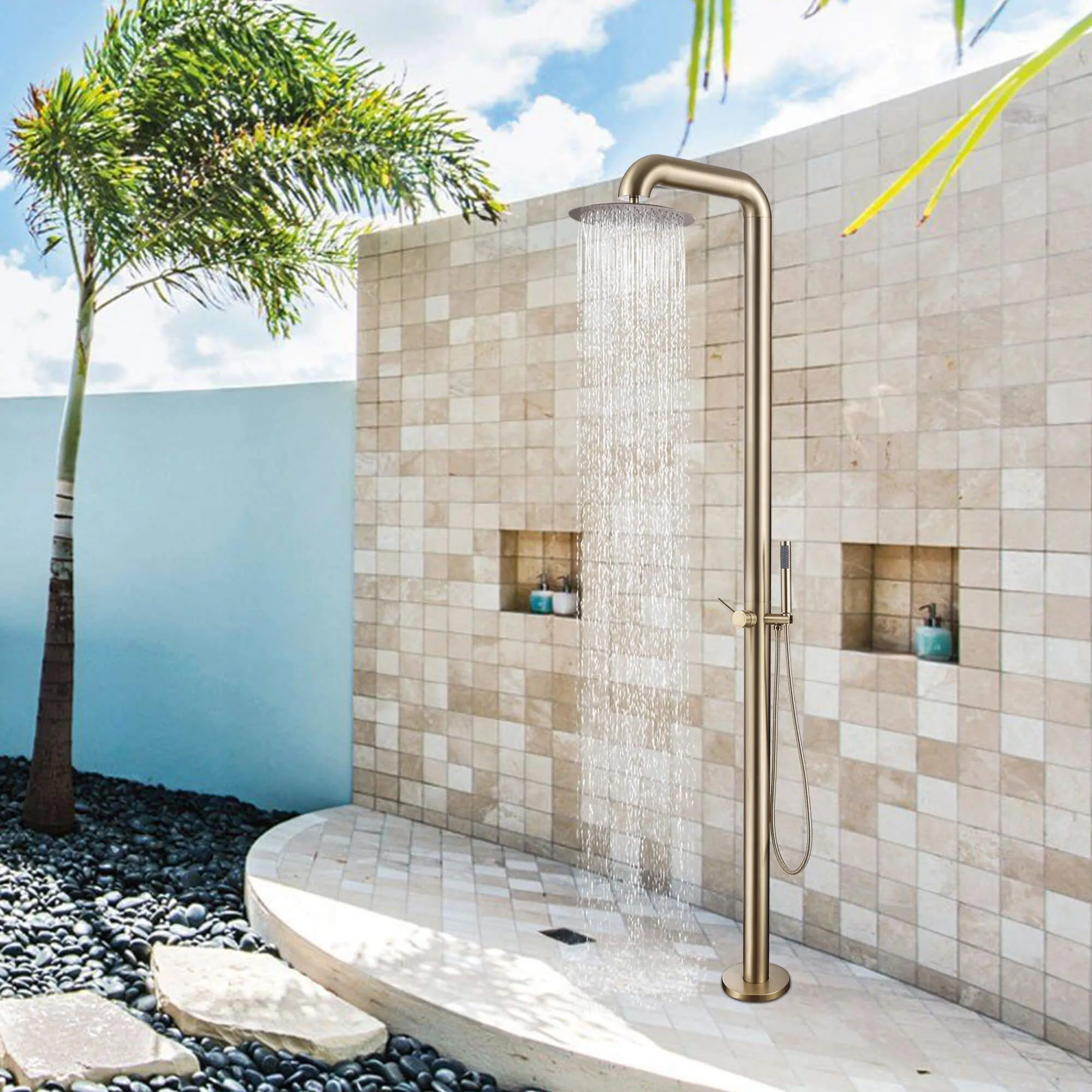 Freestanding Stainless Steel Outdoor Shower with Hand Shower and Detachable Shower Head