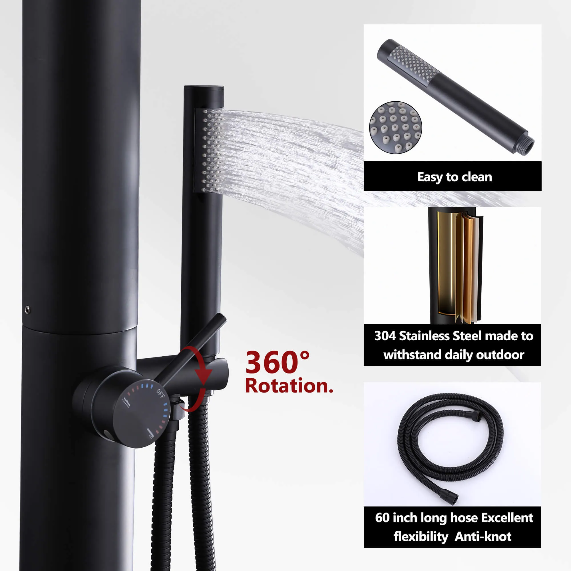 Freestanding Stainless Steel Outdoor Shower with Hand Shower and Detachable Shower Head