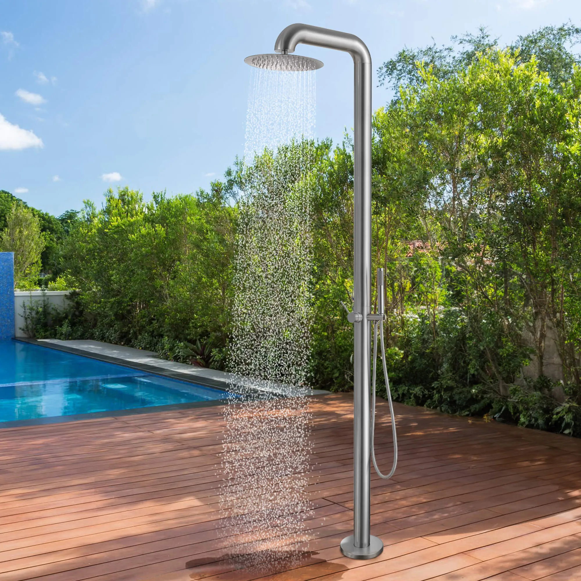 Freestanding Stainless Steel Outdoor Shower with Hand Shower and Detachable Shower Head