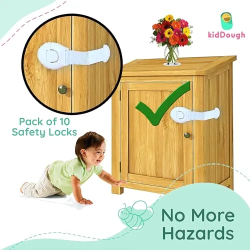 KidDough Furniture Safety Locks for Kids - Pack of 10 White Locks, Child Safety Locks for Drawers, Cabinets, Fridge, Cupboard Lock, Baby Proofing Product, Strong and Adhesive Safety Locks