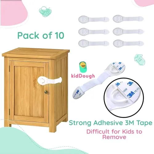 KidDough Furniture Safety Locks for Kids - Pack of 10 White Locks, Child Safety Locks for Drawers, Cabinets, Fridge, Cupboard Lock, Baby Proofing Product, Strong and Adhesive Safety Locks