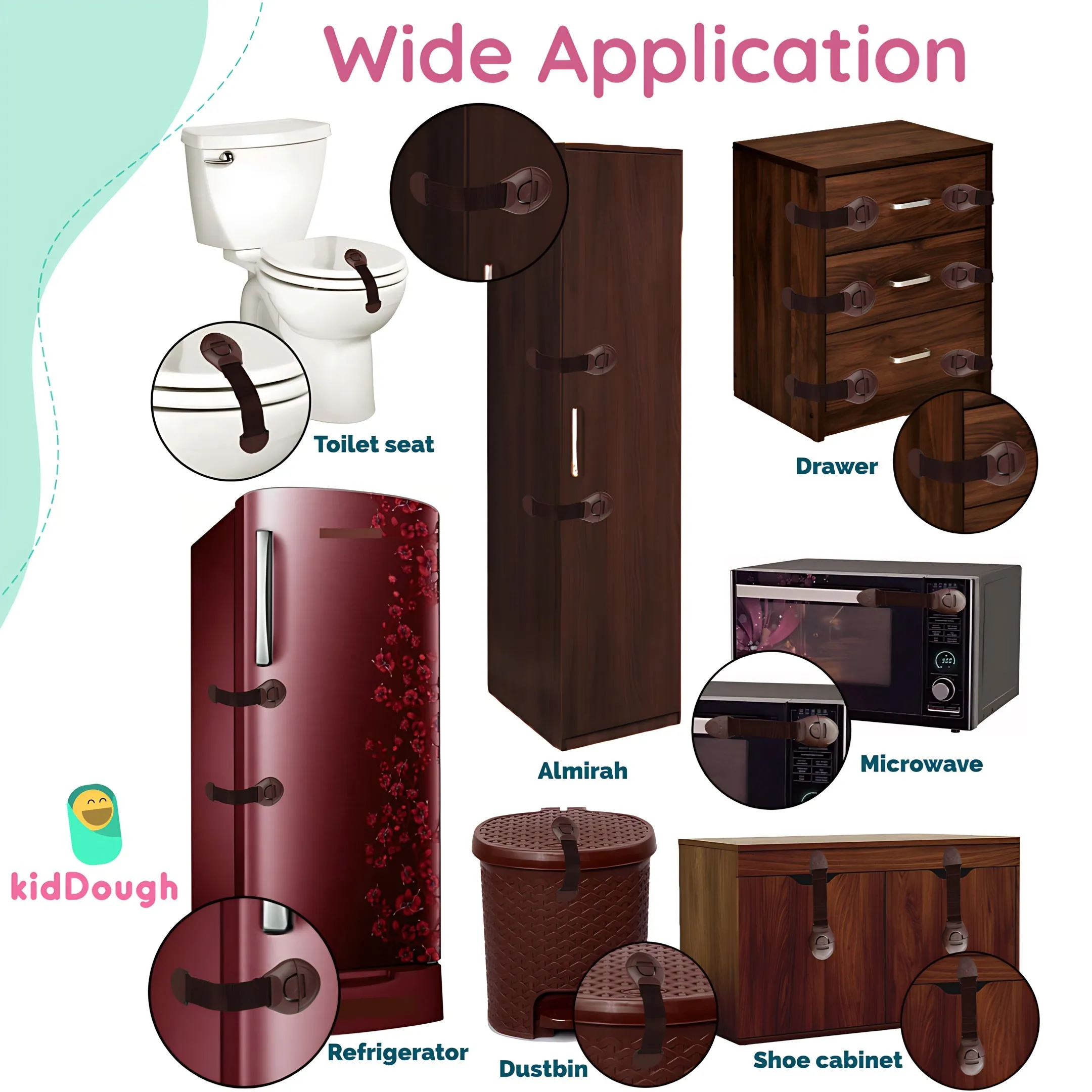 KidDough Furniture Safety Locks for Kids- Pack of 6 Brown Locks