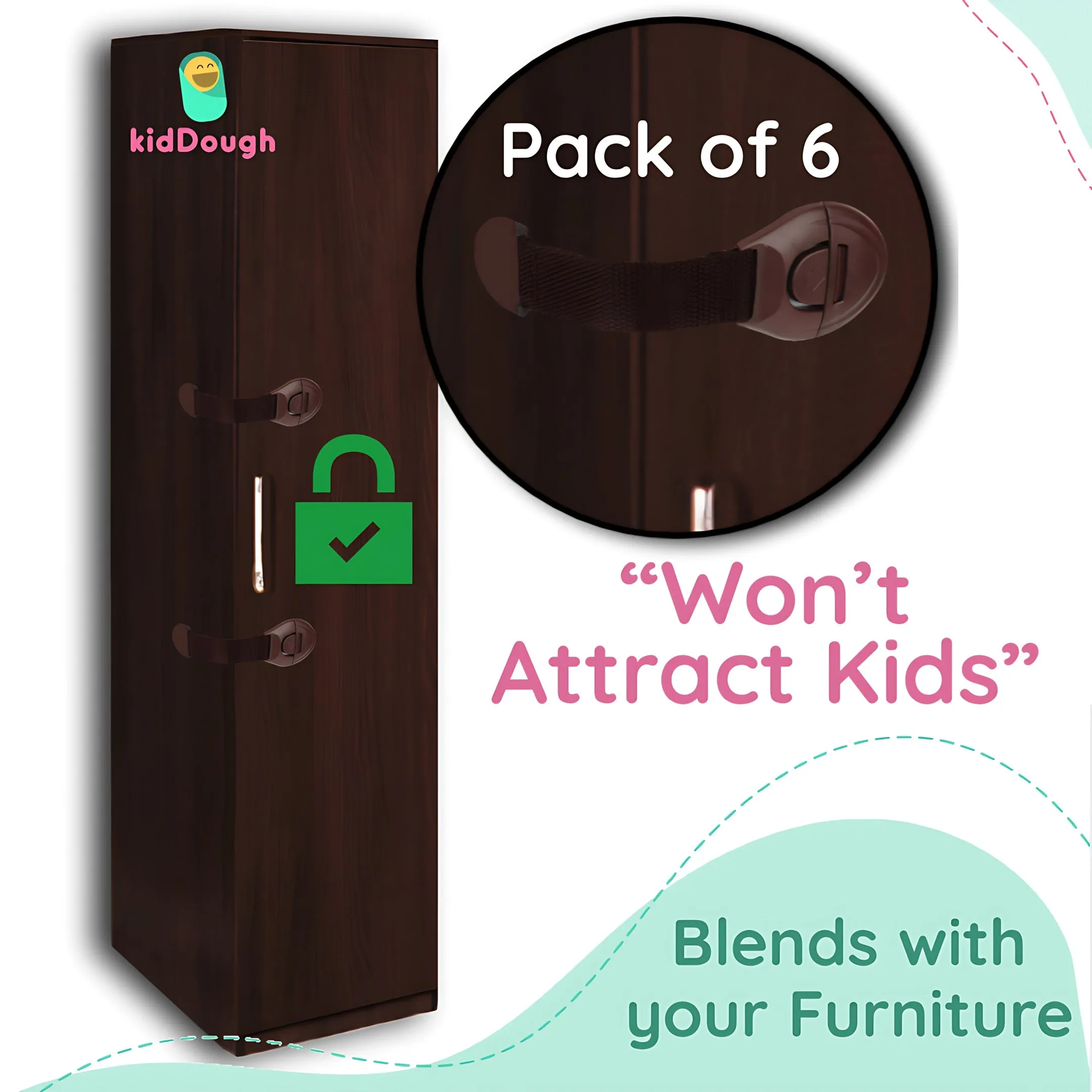 KidDough Furniture Safety Locks for Kids- Pack of 6 Brown Locks
