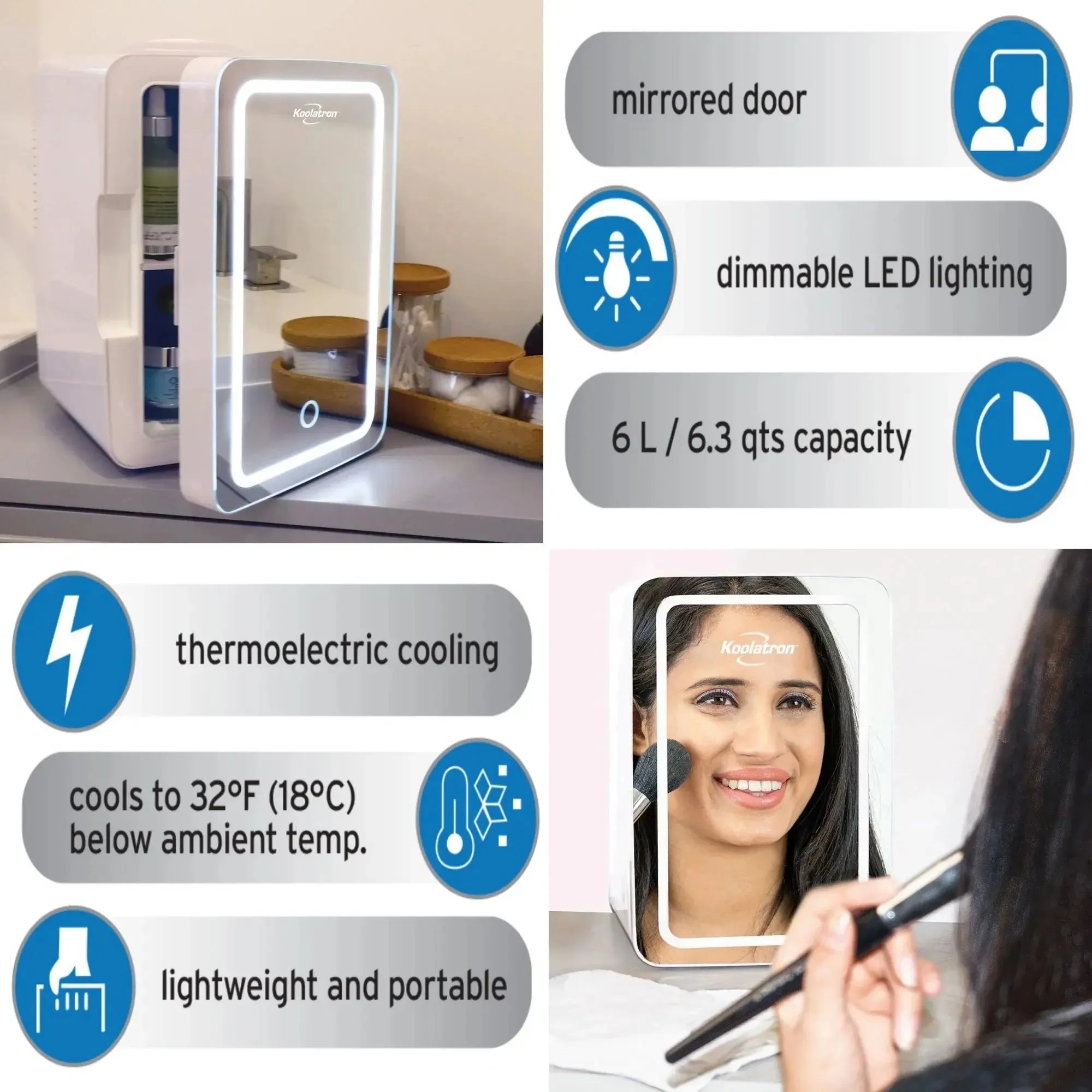 Koolatron 6 Liter Portable Cosmetic Refrigerator LED Lighted Makeup Mirror Cooler