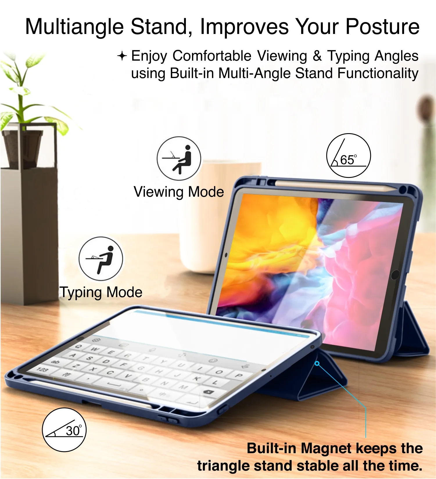 Vegan Leather Rugged Flexible TPU Slim Intelligent Protective Case For Apple iPad 10.2 Inch [9th Gen 2021], [8th Gen 2020], [7th Gen 2019] Apple iPad Air 10.5 Inch [3rd Gen 2019] [Apple Pencil Slot], Azure Blue